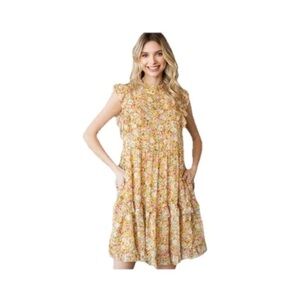 Q2 Savanna Floral Baby Doll Dress Womens Large Yellow Tiered Ruffle Sleeveless M